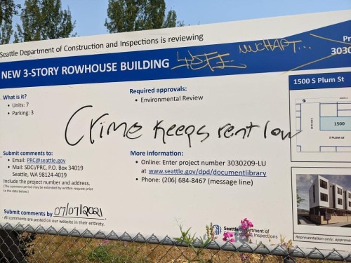 coldpapernightmare:radicalgraff: “‘Crime keeps rent low”Spotted in North Beacon Hill, Seattle  Ok Iv