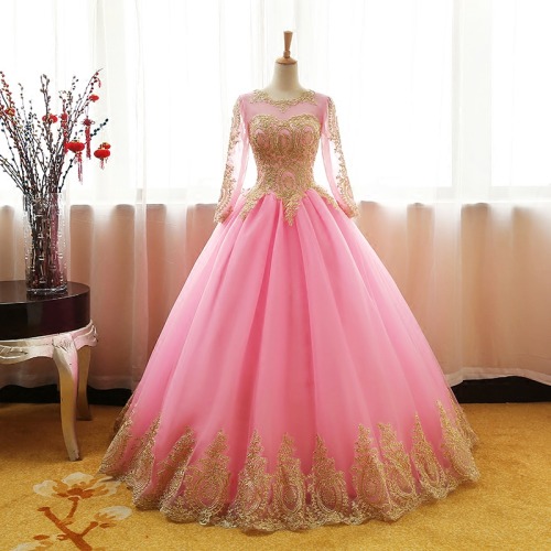 beautypartydresses:  Pink Long Sleeves Tulle Round Neckline Sweet 16 Dresses, Pink Formal Gown