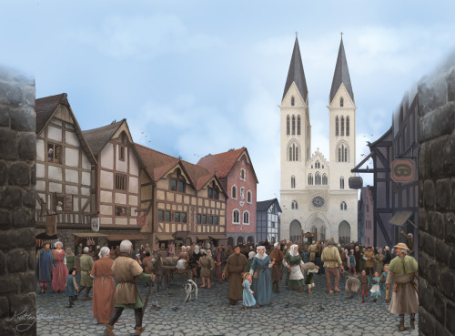 Scenes of medieval lifeSome double page spreads I illustrated for “Geheimnisvolle Welt des Mittelalt