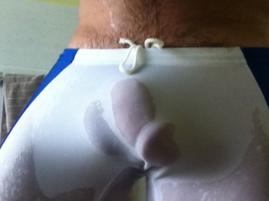 hotnaked8:  Wet, white bulge outlining a nice thick cock
