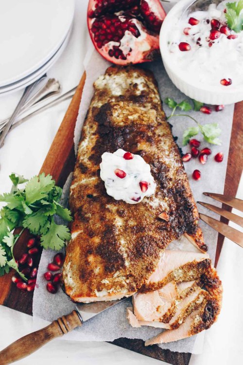 tandoori spiced salmon with a cucumber pomegranate raita