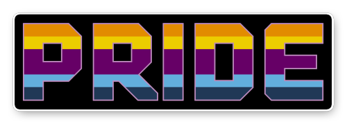 [image description: four block text banners of the word “pride” in a squared-off text, coloured in f