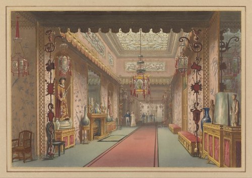 Illustration of the Chinese Gallery, or Long Gallery at the Royal Pavilion of Brighton that was desi