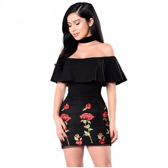 favepiece:  Off-Shoulder Ruffle Dress with Floral Embroidery - Get 10% OFF with