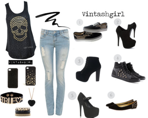 Outfits por vintashgirl con distressed skinny jeansStudded shirt / Distressed skinny jeans, $38 / Je