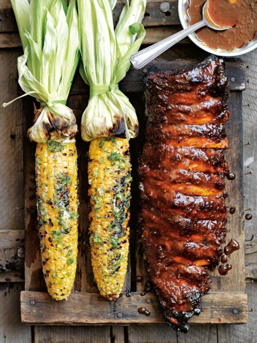 daily-deliciousness:  Texan style ribs with smoky barbecue sauce and grilled corn with lime and chilli butter