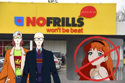 no frills, the canadian grocery store. the red speech bubble by the logo which typically displays the name of the owner of the store has been edited to say "acca's". acca and ura-acca from wonder egg priority are standing in front of the store. an image of frill is pasted beside them with a red circle and a line through it 