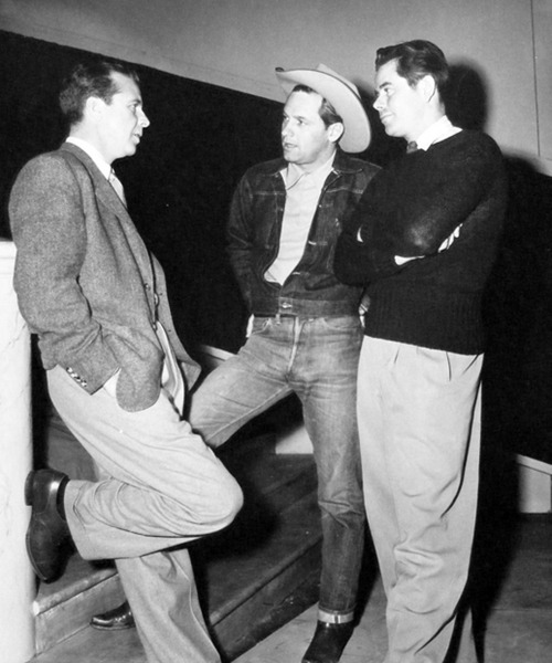 oldhollywoodpage: William Holden,Glenn Ford and Dick Powell on the set of The Man from Colorado (194