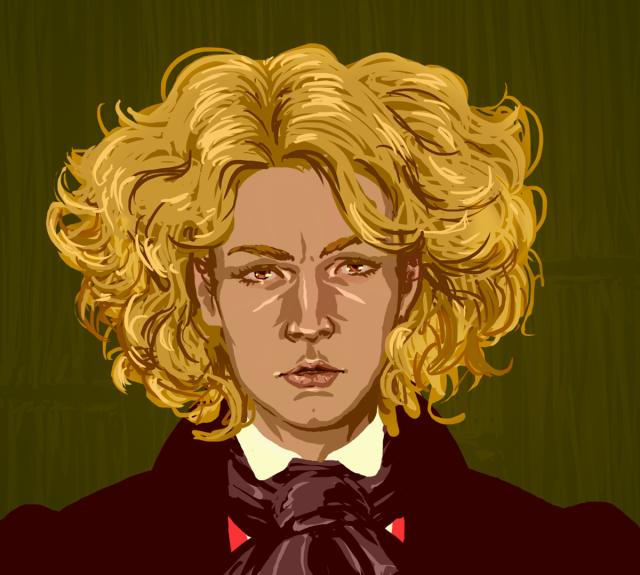 Digital drawing of Enjolras's face. He has long puffy blond hair and is looking directly at the viewer intensely.