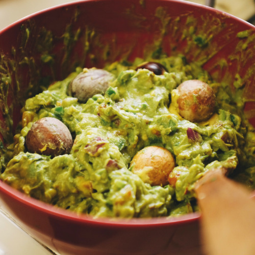 Holy Guac:avocadoes/tomatoes (diced)/red onion (diced)/garlic (minced)/jalapeno (minced)/serrano (mi