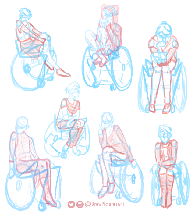 a set of digital sketches drawn with a blue and red brush. They show a figure sitting in a wheelchair from various angles, wearing a mixture of outfits, including a a hoodie with cat ears, knee-high boots and a lapelled jacket, and a close-fitting formal dress. Drawn by DrewPicturesAni