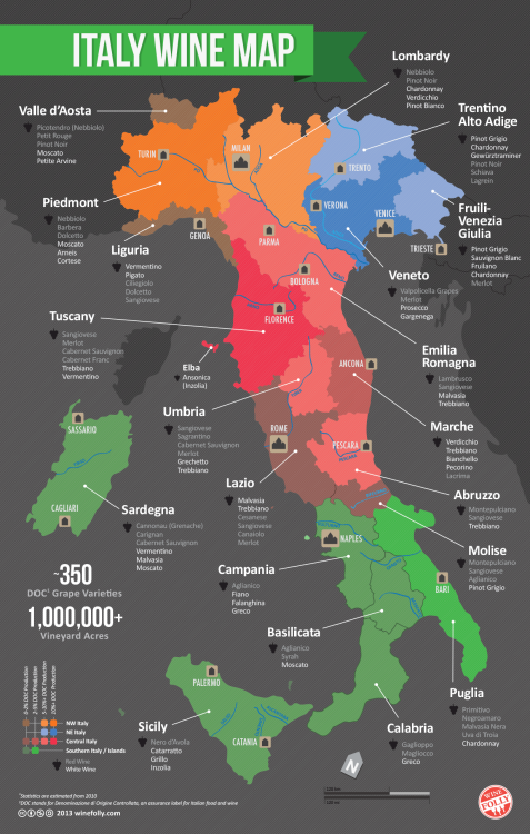 #infografic: Map of #Italy with different #grapevarieties by DOC - via +Wine Folly +Idyllica