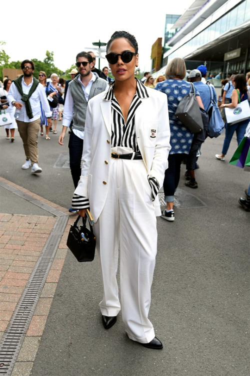 dailytessa:  Tessa Thompson attends day seven of the Wimbledon Tennis Championships at All England Lawn Tennis and Croquet Club on July 8, 2019 in London, England.