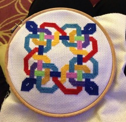 seam-me-up-scottie:  multicoloured celtic knot cross stitch  this took deceptively long to make, but it was nice to be able to pick it up, finish a section of one colour and put it down without having to do a whole lot of counting. I think if I made