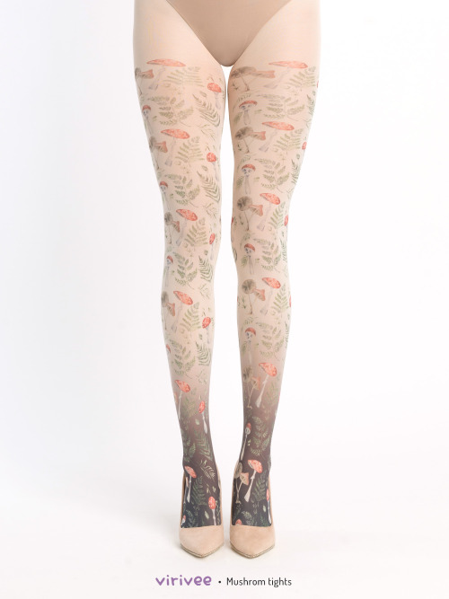  Ombre mushroom tights by Virivee  Mushroom print on ivory SEMI-OPAQUE tights with gradient on the f