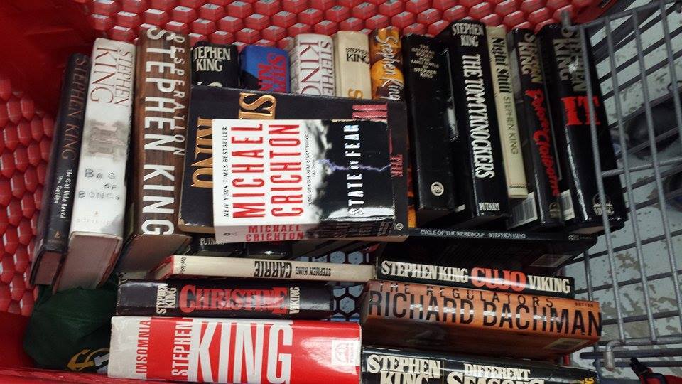 Over 20 Stephen King books and the entire Harry Potter series.God bless thrift stores