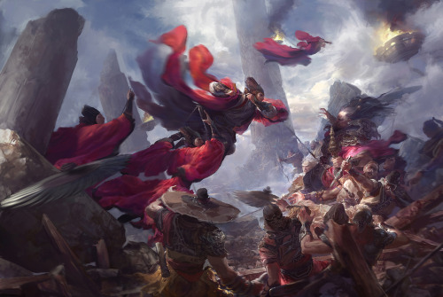 thetenk:  domuan:  Oooohh… I love Budha/Hindu/Chinese heavily influenced scene of battle just like images above by Fenghua Zhong.  damn this guy pulls off scale well 