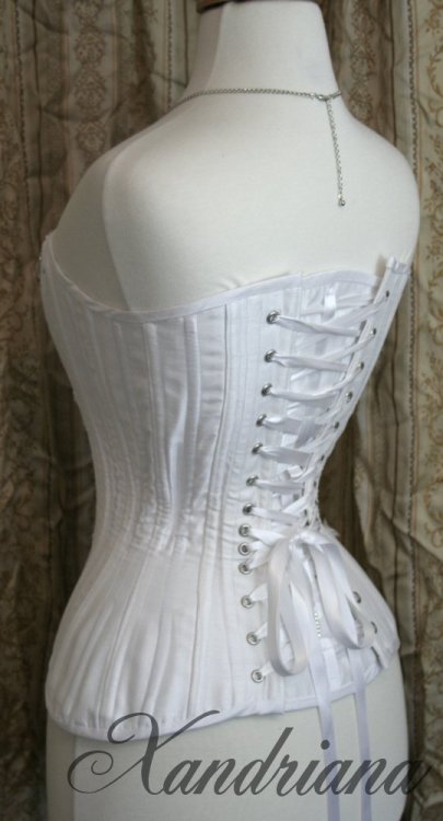 Bridal overbust all finished! White faux silk and coutil corset with silver and white lace and beads