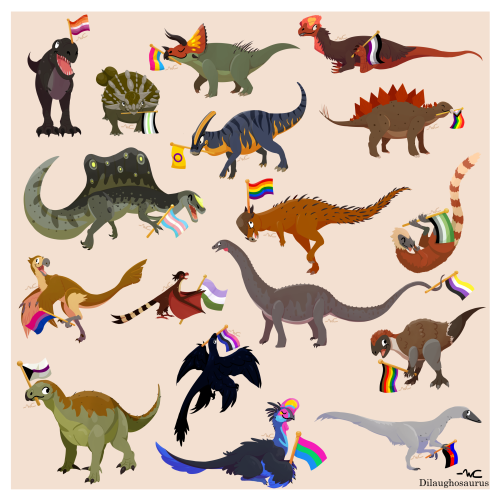dilaughosaurus:   Dinosaurs with pride flags. Pridosaurs? I was hoping to finish this last month but then I kept adding more so here we are. Enjoy!  