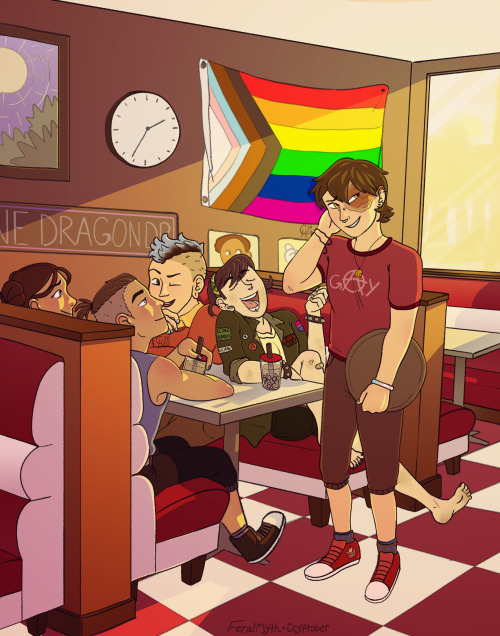 feralmyth:  Here’s my gift for @certifiedboyf, for the @atlasummerexchange!!!!It’s a Modern Zukka AU, where Zuko works at uncles cafe Jasmine Dragon Boba! They also wanted the Gaang having fun, so I wanted to include them! I actually thought up a