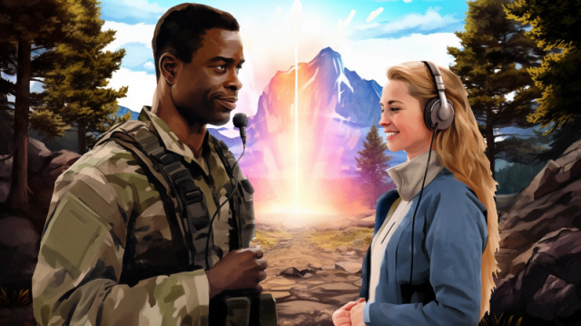 A reporter speaks with a soldier in front of a portal in the mountains