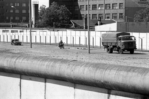 Berlin 1988. Three DDR grenzpolizei vehicles in the death zone of the Berlin Wall near Treptower Str