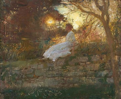 silenceformysoul:Alfred Munnings (1878 – 1959) - Portrait of Florence Munnings at Sunset,