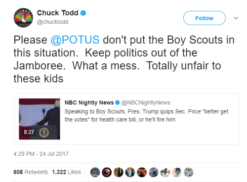 bonkai-diaries: Trump trying to indoctrinate 40,000 boy scouts. Can Tumblr dot com be up in arms abo