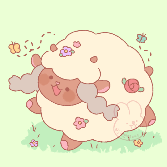 A very round wooloo with dot eyes chasing butterflies in the grass. There are flowers woven into its wool.