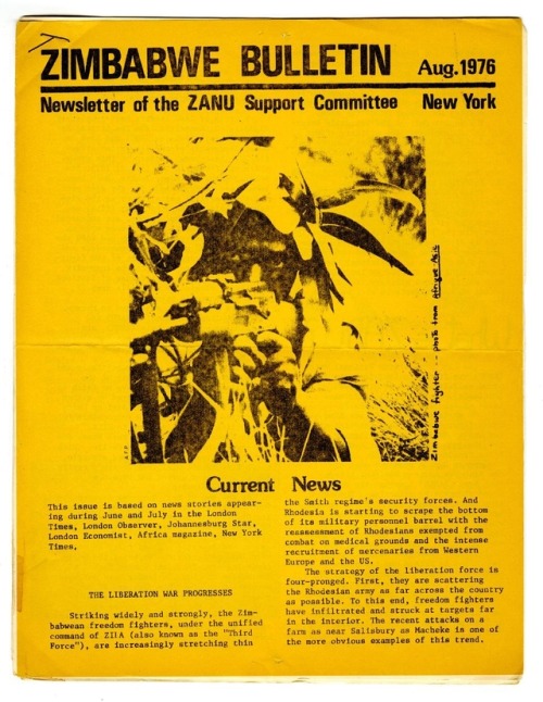 &lsquo;Zimbabwe Bulletin&rsquo;, ZANU Support Committee, New York, 1976.From the new book Finally Go