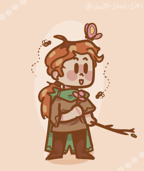 Chibi, pastel digital art of a young Radagast. He's holding a pink flower and a stick-like staff, and there's a butterfly on his head. Bees are buzzing around him, and his hair is in a messy ponytail.