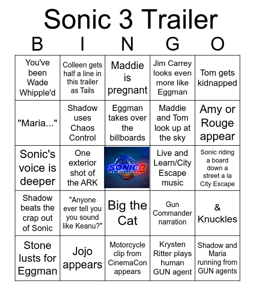 Made A Sonic 3 Trailer Bingo Card!!!