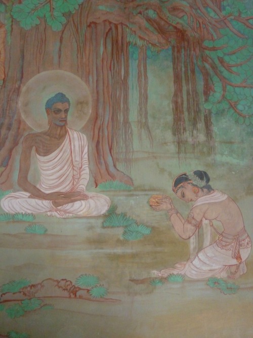 Sujata offer a milk rice pot to the BuddhaMural at Mulagandhakuty Vihara, Sarnath