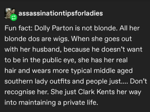 sirfrogsworth: If you ever want to cheer yourself up, I highly suggest searching the internet for random Dolly Parton facts and quotes.  A lot of times a cool Dolly fact will cause a Dolly fact cascade and you’ll just smile and smile as it unravels. 