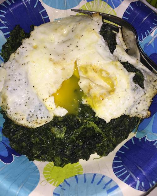 Signs you might be ready to get back to that low carb life. Fried egg over Parmesan spinach. #lowcar