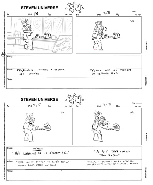 From Storyboard Artist Raven M. Molisee:  Here’s an extended part of one of the scenes I did for “Joking Victim” with Steven and Sadie taking orders at the counter. Just a short extra character interaction that unfortunately got trimmed out for