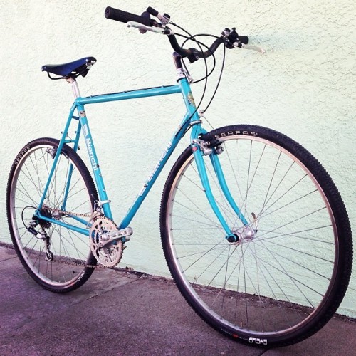 twowheeldreams: 1987 Bianchi Volpe with BMX riser bars and a vintage Suntour mountain bike drivetrai