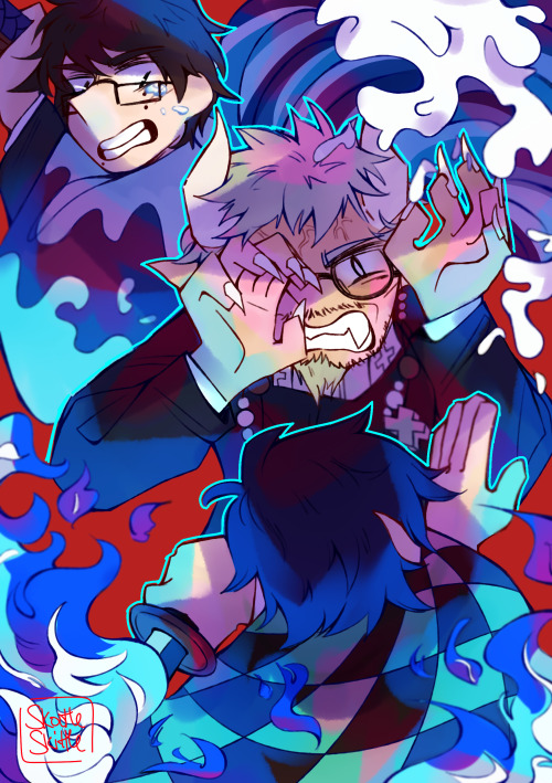 skootleskittle: fight(my kny au piece for the @anezine-reverie blue exorcist au zine!)