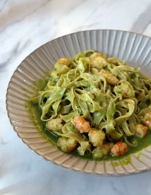 Prawn Basil Pesto Pasta-  grilled prawns, pine nuts, and parmesan cheese, with handmade tagliatelle