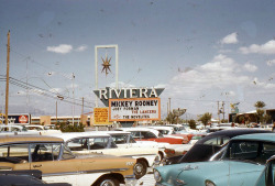 the-king-of-coney-island:  vintagelasvegas:  Riviera parking lot. Las Vegas, 1958. Looking north towards Algiers Hotel and The Thunderbird.  ⊱✰⊰