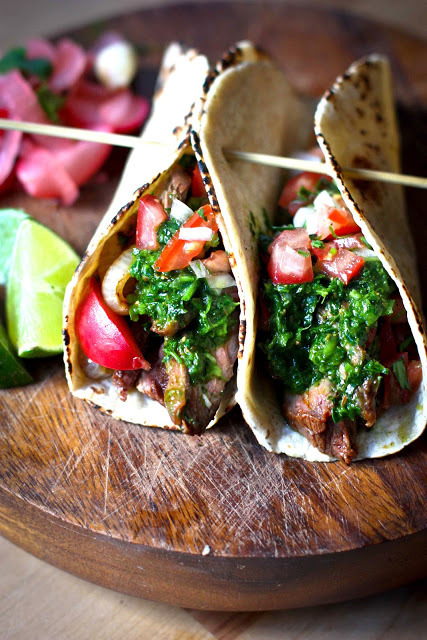 in-my-mouth:  Grilled Steak Tacos with Cilantro Chimichurri Sauce