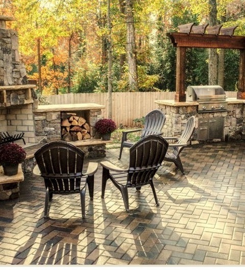 Patio Brick PaversMedium-sized Arts And Crafts Kitchen With A Pergola In The Backyard.