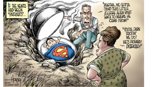 caroltilley:  David Horsey of the LA Times created this most excellent editorial cartoon. Context & source here: http://www.latimes.com/opinion/topoftheticket/la-na-tt-immigrant-kids-20140725-story.html 