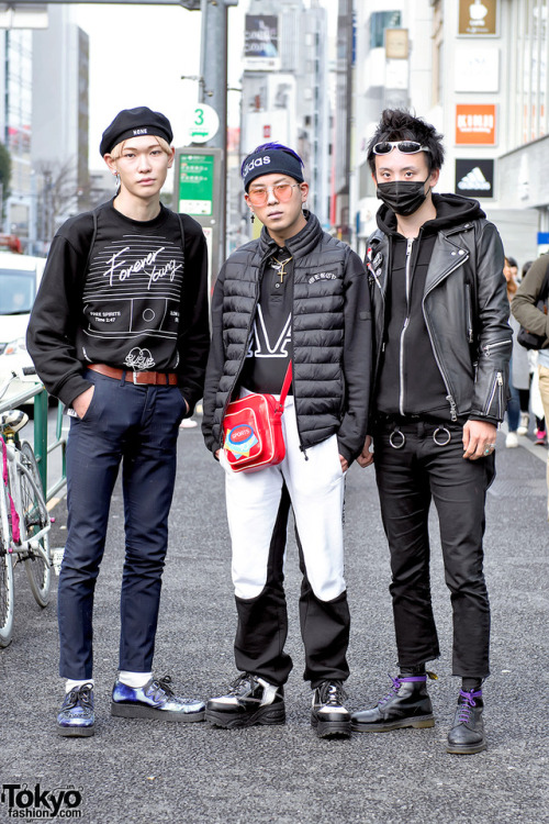 tokyo-fashion:  Rikuto, Yuuta, and Cheney on the street in Harajuku wearing fashion from FaTToyz, eyeye, Underground, monomania, Yosuke, More Than Dope, and Dr. Martens. Full Looks