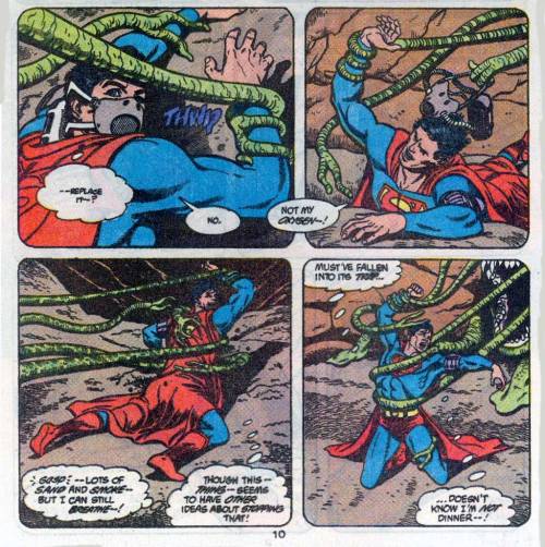 Superboy was captured by tentacles of green monster in Phantom Zone.