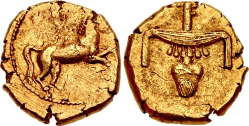 Gold stater of the 30th Dynasty pharaoh Nectanebo II (r. 361-343 BCE), last native ruler of Ancient 
