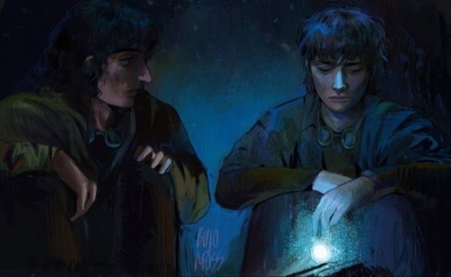 A digital illustration of Mike Wheeler and Will Byers from Stranger Things sitting side-by-side in a gloomy environment, dressed for the apocalypse. They appear solemn and weary, waiting for the next battle.