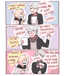 randomsplashes:  randomsplashes:domestic!victuuri concept: victor totally collects his husband’s chore list and calls it a love letter (based on this tweet) bonus: victor u have no idea how long ur husband’s been waiting for that toothpaste (ty
