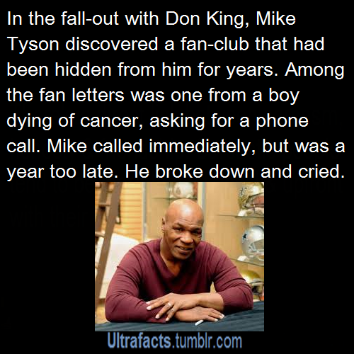 ultrafacts:    After three years under King, Tyson didn’t even know he had a fan club. When the fighter found out, his longtime chauffeur and assistant, Rudy Gonzalez, says he and Tyson went to the Fan Club office within King’s training facilities