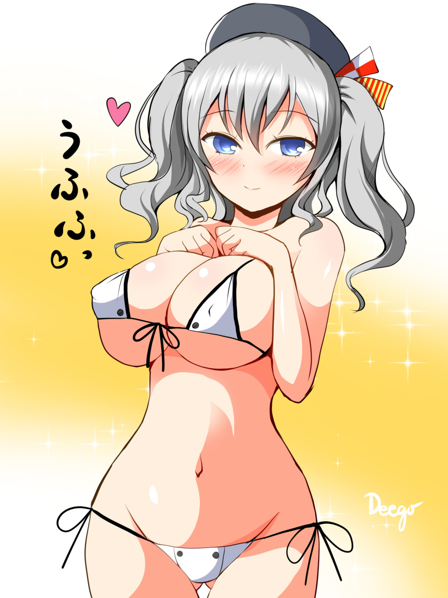 艦隊これくしょん、鹿島（艦これ）、deego (omochi bazooka)、高解像度、グラデーション背景、❤、おへそ、ビキニ、スパークル、ロングヘア、ツインテール、グラデーション、タイサイドビキニ、archway